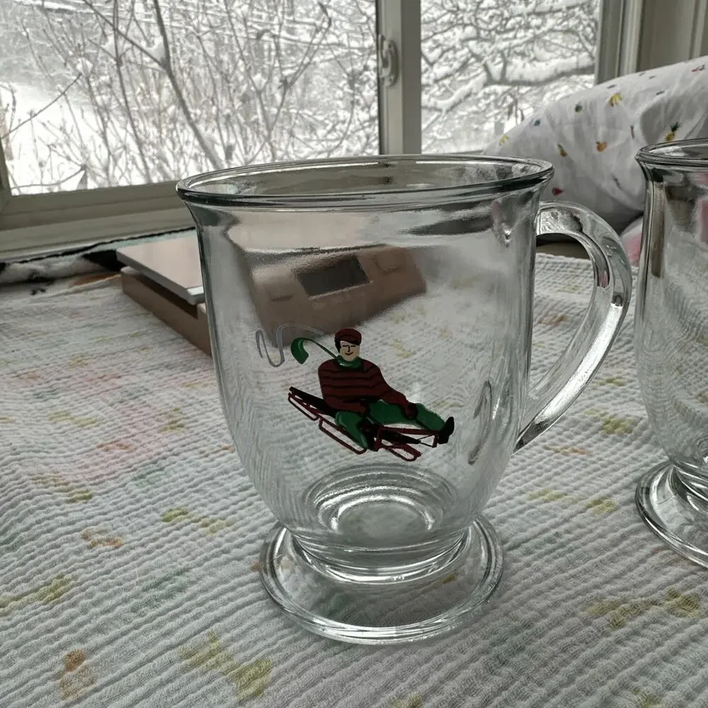 Williams Sonoma Vintage Winter Sports Skating Sledding Glass Coffee Mugs Set/2